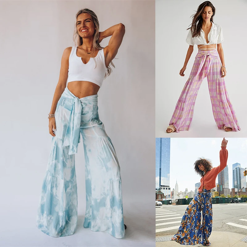 

Boho Women Extra Wide Leg Palazzo Pants Flared Bell Bottom Summer Holiday Floral Print Elastic High Waist Loose Trousers Beach