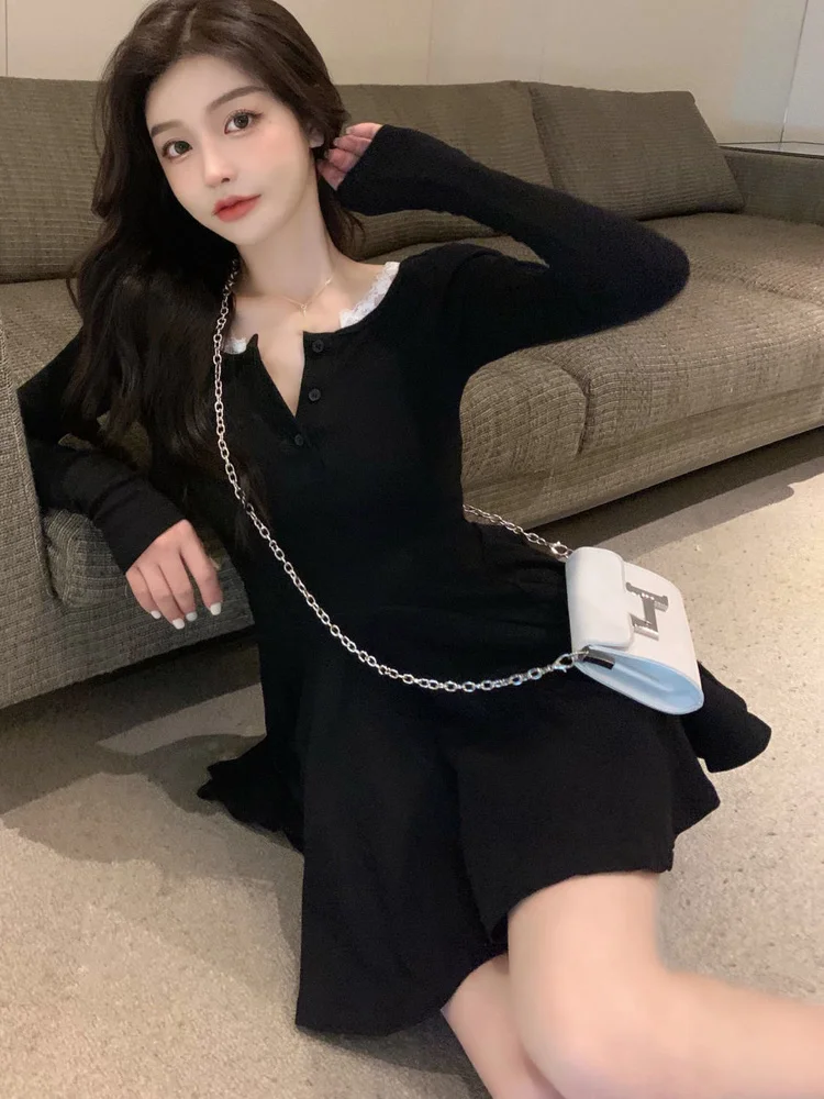 Knitted Black Short Dresses Autumn Kpop Outfits Solid Wrap Dress Women Korean Style Bodycon Lace Long Sleeve
Knitted Black Short Dresses Autumn Kpop Outfits Solid Wrap Dress Women Korean Style Bodycon Lace Long Sleeve