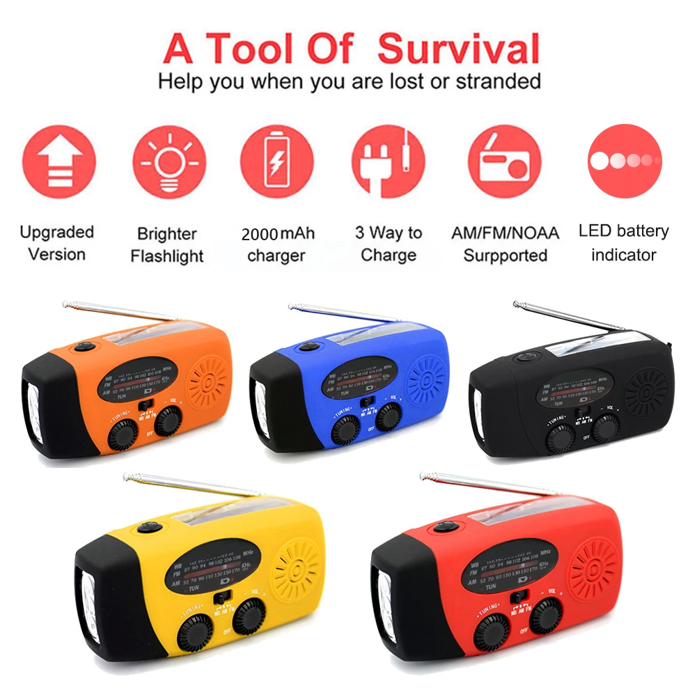 2000mAh Multifunctional Portable Solar Radio Hand Crank Dynamo Powered AM/FM/WB/NOAA Weather Radio with Emergency LED Flashlight
2000mAh Multifunctional Portable Solar Radio Hand Crank Dynamo Powered AM/FM/WB/NOAA Weather Radio with Emergency LED Flashlight