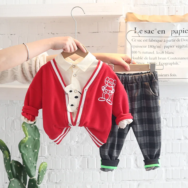 Children Clothing New Autumn Spring Baby Boy Handsome Suits Cartoon Knitted Cardigan+ Shirt+plaid Pants 3Pcs Infant Girl Outfit
Children Clothing New Autumn Spring Baby Boy Handsome Suits Cartoon Knitted Cardigan+ Shirt+plaid Pants 3Pcs Infant Girl Outfit
