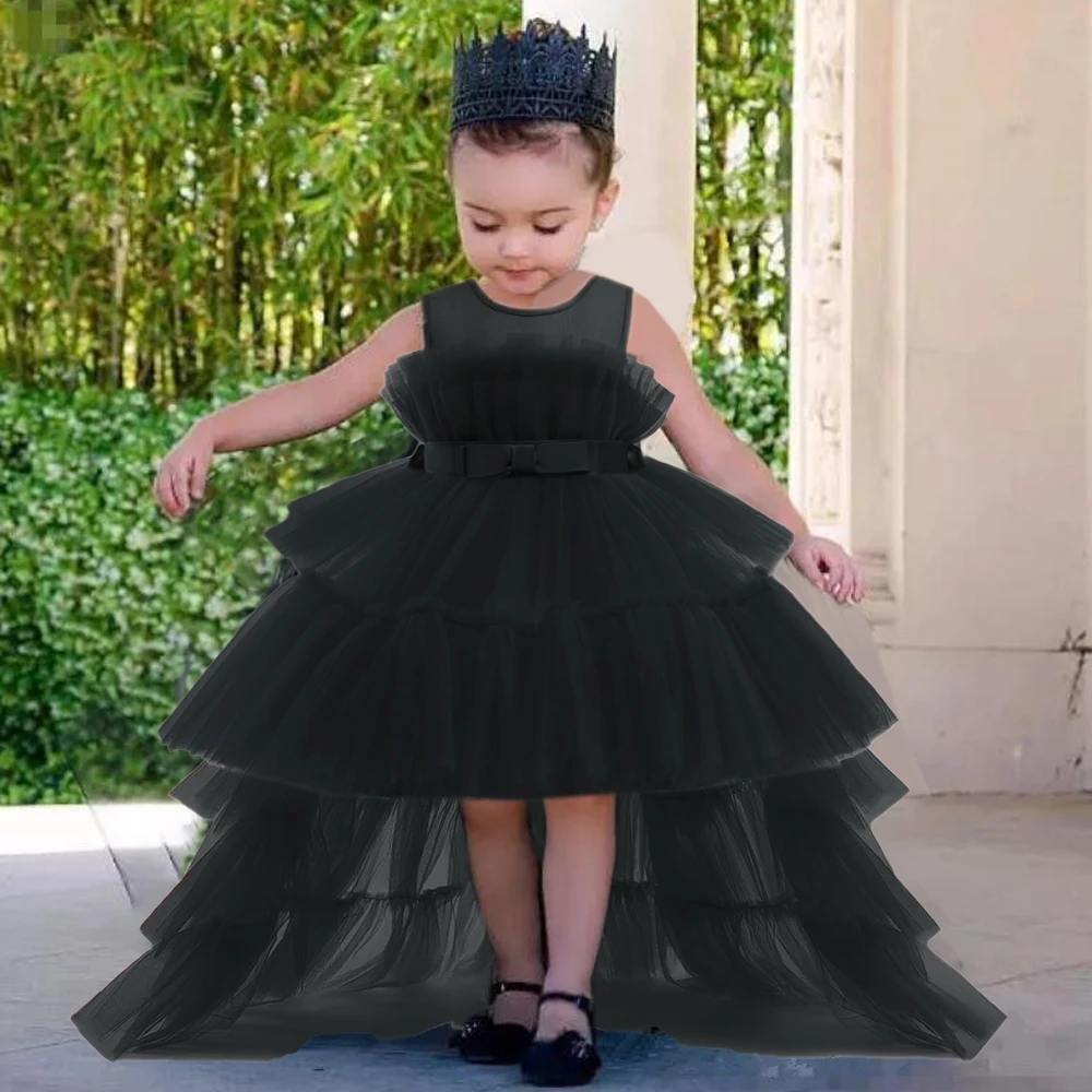 

Toddler Black Trailing Lace Baby Dress for Girls Puffy 1st Birthday Party Bow Princess Dresses Vestidos Summer Tutu Girl Clothes