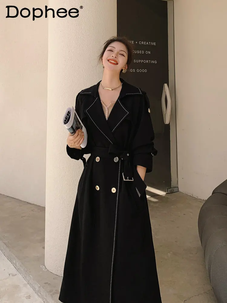 

2022 Spring Autumn New French Hepburn Long Trench Coat for Women Temperamental Loose Lace-up Waist Black Windbreaker Overcoat