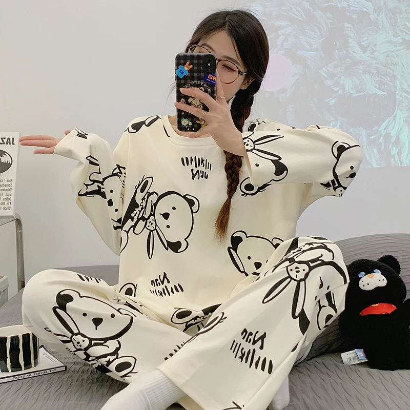 Korean Autumn Women Pajamas Sets Clothes Loose Cotton Sleepwear Ladies Pijamas Suit Homewear Cartoon Bear Print Nightwear
Korean Autumn Women Pajamas Sets Clothes Loose Cotton Sleepwear Ladies Pijamas Suit Homewear Cartoon Bear Print Nightwear