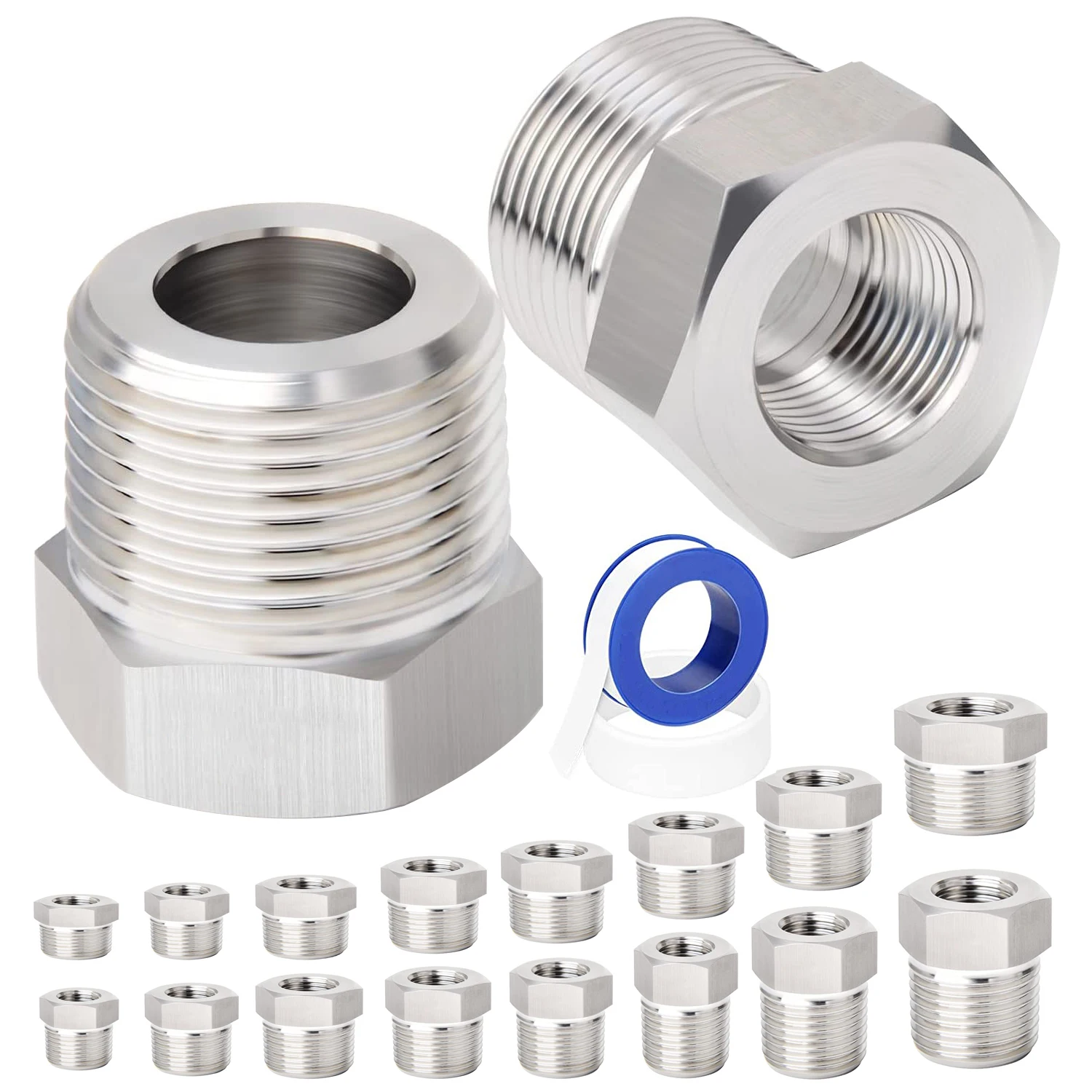 

2pcs Reducer Bushing 1/8" 1/4" 3/8" 1/2" BSP Male/Female Thread 304 Stainless Steel Pipe Fittings for Water Gas Oil w PTFE Tape