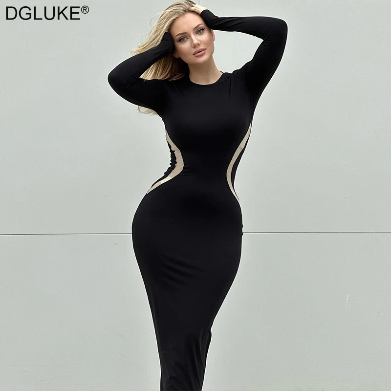 

Женское длинное платье с длинным рукавом, черное облегающее платье макси в стиле пэчворк, длинное платье с бесплатной доставкой на осень