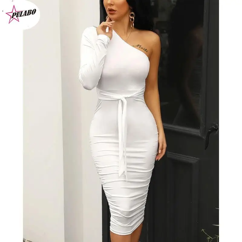 

Women Elegant Fashion Sexy White Cocktail Party Slim Fit Dresses One Shoulder Belted Ruched Design Bodycon Midi Dress Female
