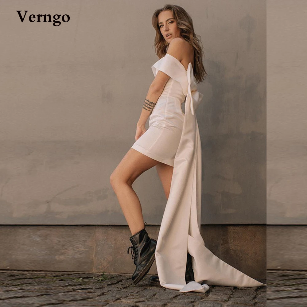 Verngo Simple Satin Short Prom Dresses Off the Shoulder Sleeves Bow Long Train Cocktail Party Dress Women Beach Wear Vestidos
Verngo Simple Satin Short Prom Dresses Off the Shoulder Sleeves Bow Long Train Cocktail Party Dress Women Beach Wear Vestidos