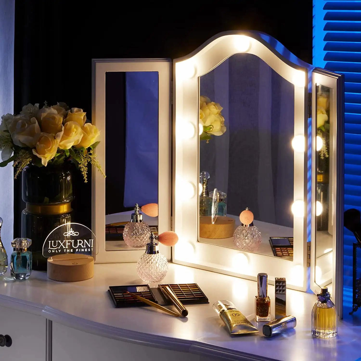 Trifold Vanity Mirror with 10 LED Lights Dimmable Tabletop Makeup Mirror White Finish
Trifold Vanity Mirror with 10 LED Lights Dimmable Tabletop Makeup Mirror White Finish