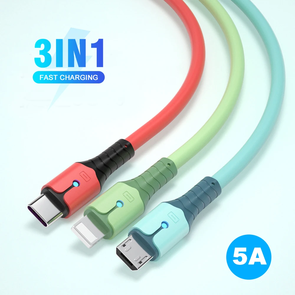 5A 3 In 1 Fast Charging USB Data Cable USB To Micro USB/Type-C/8 Pin Charger Liquid Silicone LED Cord for IPhone X Xiaomi Huawei
5A 3 In 1 Fast Charging USB Data Cable USB To Micro USB/Type-C/8 Pin Charger Liquid Silicone LED Cord for IPhone X Xiaomi Huawei