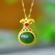 Natural Green Jade Money Bag Necklace Women Fine Jewelry Genuine Hetian Jades Nephrite Golden Lucky Bags Charms Necklaces