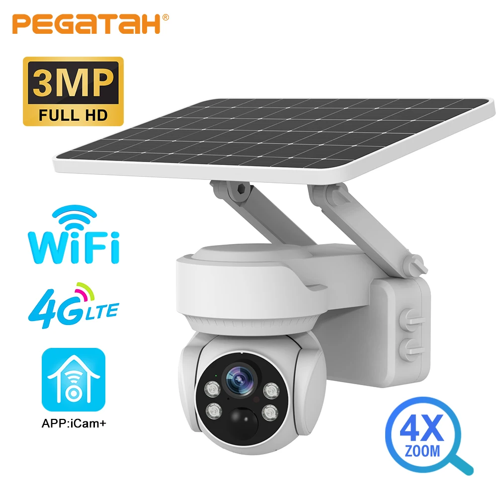 

PEGATAH 3MP 4G беспроводная Солнечная камера WiFi наружная 4-кратный оптический зум Обнаружение движения полноцветное ночное видение IP-камеры безопасности