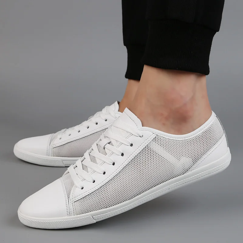 

Lichtgewicht Echt Leer Heren Flats Schoenen Leisure Trend Koreaanse Versie Effen Zwart Wit Zomer Ademende Mannen Casual Schoenen