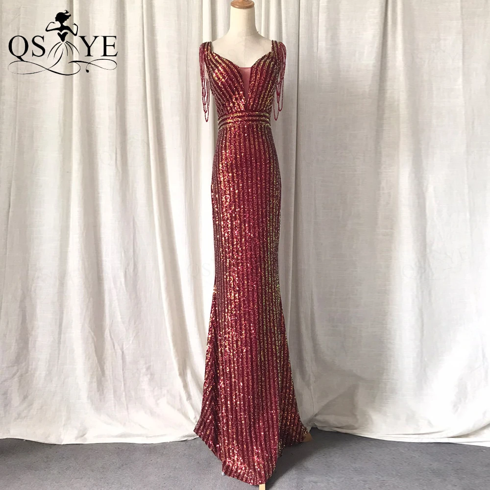 

Sparkle Twill Lace Burgundy Prom Dresses V Neck Fitted Evening Gown Beading Straps Open Low Back Crystals Red Formal Party Dress