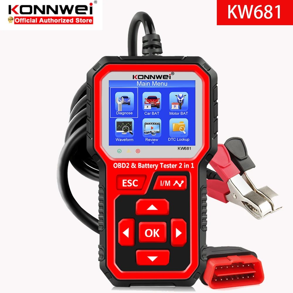 Автомобильный тестер аккумуляторов KONNWEI KW681 OBD2 сканер для автомобилей и