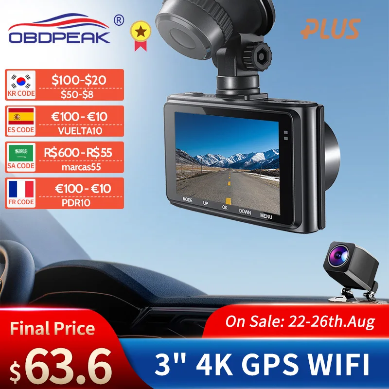 OBDPEAK M10 Dash Cam 4K GPS WIFI Car DVR 2160P Dual Lens Support Rear Cam View Recorder Car Camera 24H Parking Super Capacitor
OBDPEAK M10 Dash Cam 4K GPS WIFI Car DVR 2160P Dual Lens Support Rear Cam View Recorder Car Camera 24H Parking Super Capacitor