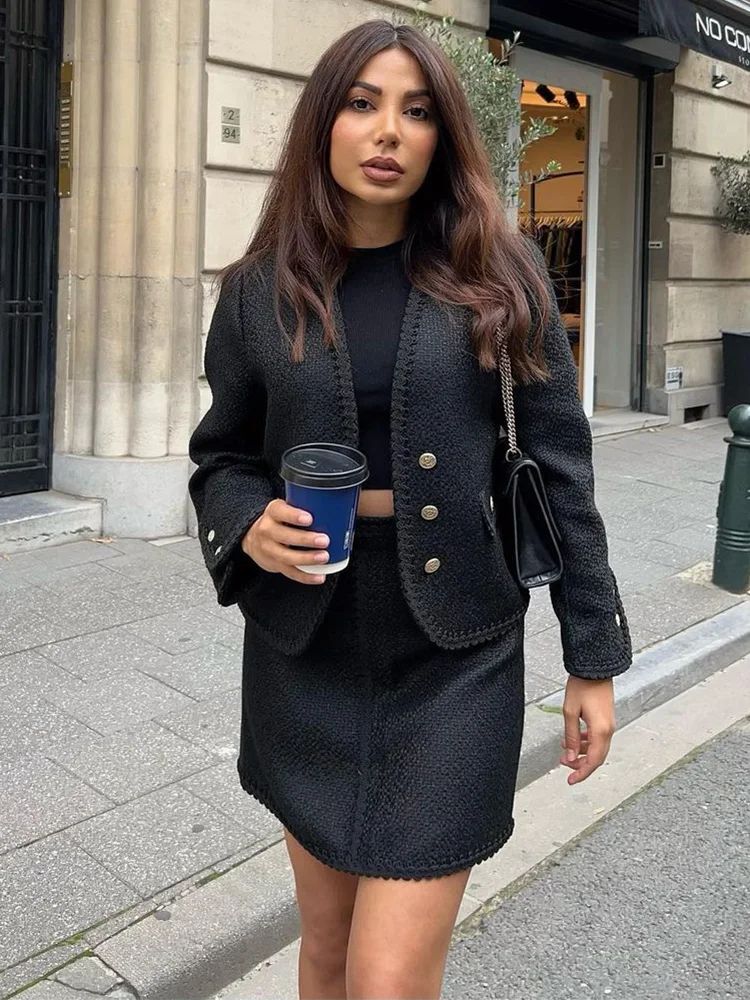 2022 Fashion Elegant Black Textured Tweed Sets Womens Outfits Cardigan Jacket And High Waist Mini Skirt Two Piece Set Women 
2022 Fashion Elegant Black Textured Tweed Sets Womens Outfits Cardigan Jacket And High Waist Mini Skirt Two Piece Set Women