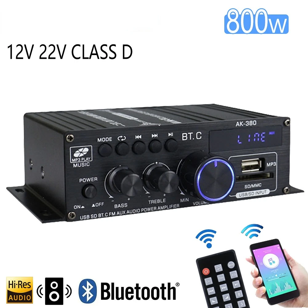 AK380 800W Bluetooth Amplifier HiFi Audio Karaoke Home Theater Amplifier 2 Channel Power Class D Amplifier USB SD AUX Brand New
AK380 800W Bluetooth Amplifier HiFi Audio Karaoke Home Theater Amplifier 2 Channel Power Class D Amplifier USB SD AUX Brand New