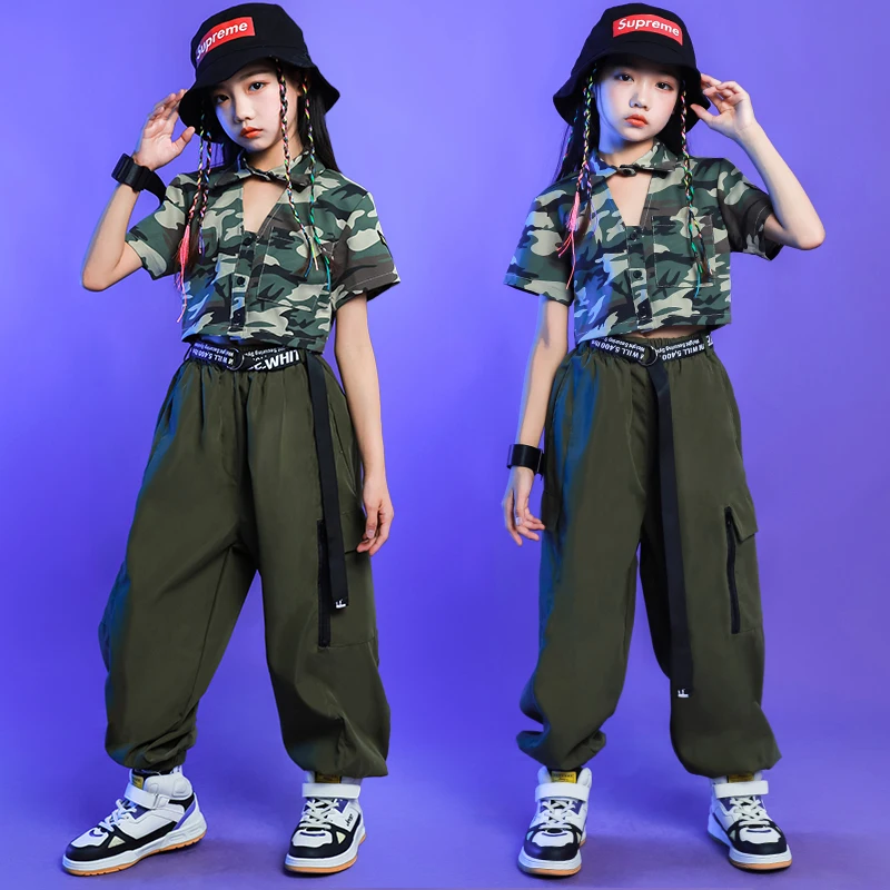 

Kids Hip Hop Clothing Kpop Outfits Camo Crop Tank Tshirt Tops Cargo Pants For Girls Jazz Dance wear Costume Teenage Rave Clothes