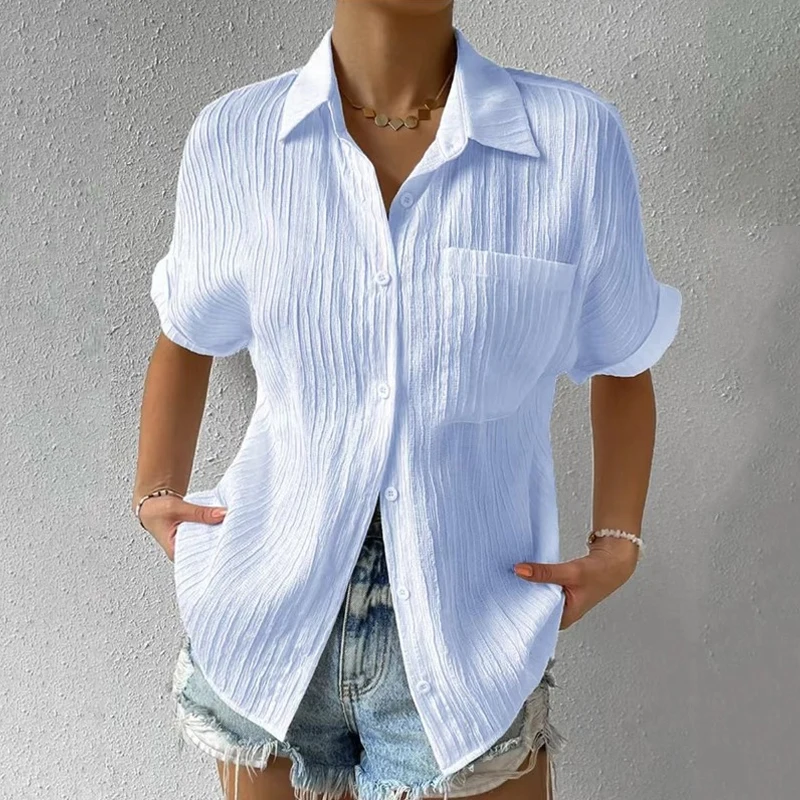 Short Sleeve Vintage Lapel Simple Shirts 2023 Summer Elegant Blouse Office Ladies Solid Color Casual Tops Pocket Clothing 28301
Short Sleeve Vintage Lapel Simple Shirts 2023 Summer Elegant Blouse Office Ladies Solid Color Casual Tops Pocket Clothing 28301