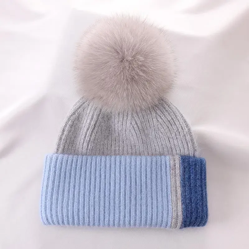 

Lady Warm Walking Pompoms Skullies Beanies Outdoor Cold Cap Real Fox Fur Pom Poms Winter Hats for Women Rabbit Fur Knitted Hat