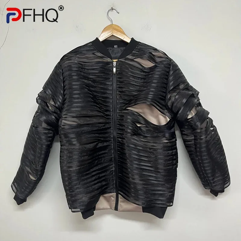 

PFHQ Only XL Striped Organza Designer Jackets Men's Personality Zippers Creativity Cardigan Loose Fitting Sweater Autumn 21Z3317