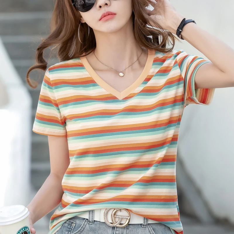 Cotton Women's T-shirt Summer Loose Top Striped Print New Casual Korean Fashion Short Sleeve V-neck Tees Movafag
Cotton Women's T-shirt Summer Loose Top Striped Print New Casual Korean Fashion Short Sleeve V-neck Tees Movafag