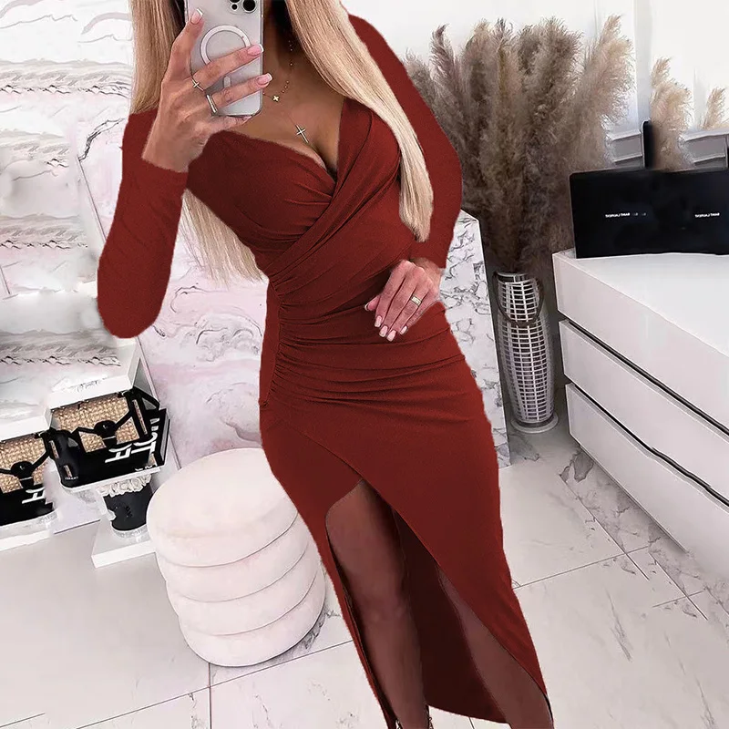 Sexy V-Neck Wrapped Chest Split Banquet Dress Autumn Long Sleeve Draping Slim Fit Evening Dress Women Solid Sheath Robe Dresses
Sexy V-Neck Wrapped Chest Split Banquet Dress Autumn Long Sleeve Draping Slim Fit Evening Dress Women Solid Sheath Robe Dresses