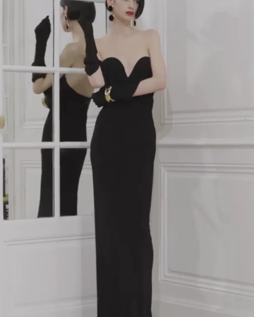 

Fantastic Luxury Fall 2023 Women Elegant Classic Black Sexy Draped Strapless Bustier Long Dress With Gloves Formal Evening Party