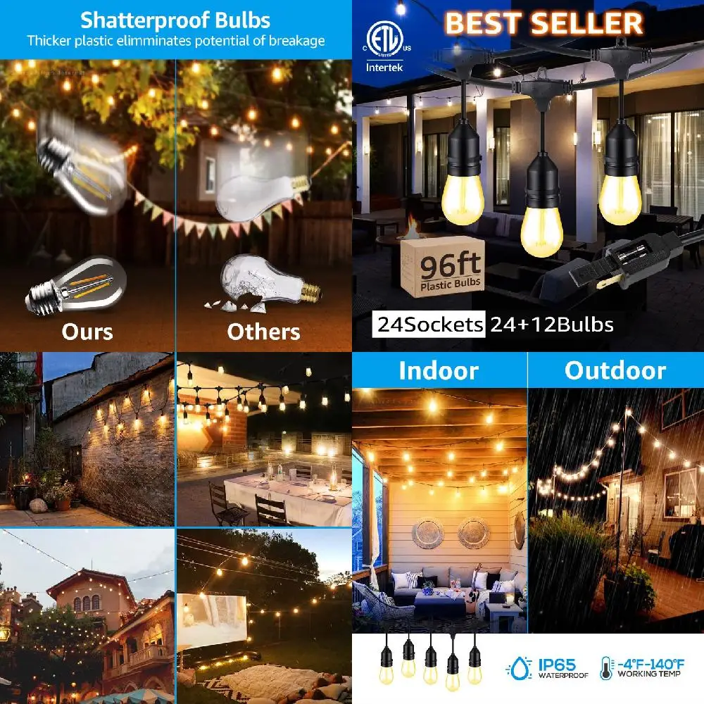 ETL Certified, IP65 2700K Soft White Waterproof LED Outdoor String Lights, 30+2 Vintage Filament Bulbs for Porch, Garden Backyar
ETL Certified, IP65 2700K Soft White Waterproof LED Outdoor String Lights, 30+2 Vintage Filament Bulbs for Porch, Garden Backyar