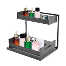 Under Sink Organizer 2 Tiers Multipurpose L-Shaped Storage Shelf Adjustable Pantry Kitchen Rack With A Hanger Cup For Garbage