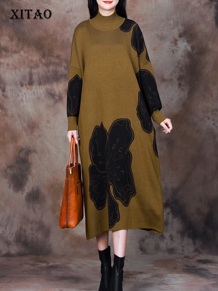 

XITAO, вязаное платье с половинным высоким воротником, с длинным рукавом, свободное, повседневное, темпераментное, элегантное, 2023, Осеннее, женское, новое, пуловер, платье DMJ2563