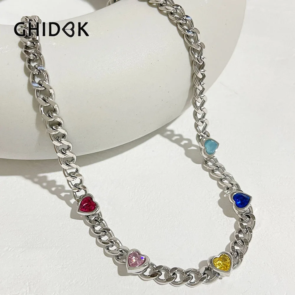 GHIDBK Anti Tarnish Stainless Steel 18K Gold Plated Rainbow Cz Heart Charm Chunky Chain Choker Necklace Women Bling Jewelry gift
GHIDBK Anti Tarnish Stainless Steel 18K Gold Plated Rainbow Cz Heart Charm Chunky Chain Choker Necklace Women Bling Jewelry gift
