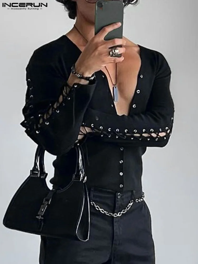 Casual Stylish Style Men's Eyelet Tie Tops INCERUN Male Solid All-match Comfortable Blouse Long-sleeved V-neck Shirts S-5XL 2022
Casual Stylish Style Men's Eyelet Tie Tops INCERUN Male Solid All-match Comfortable Blouse Long-sleeved V-neck Shirts S-5XL 2022