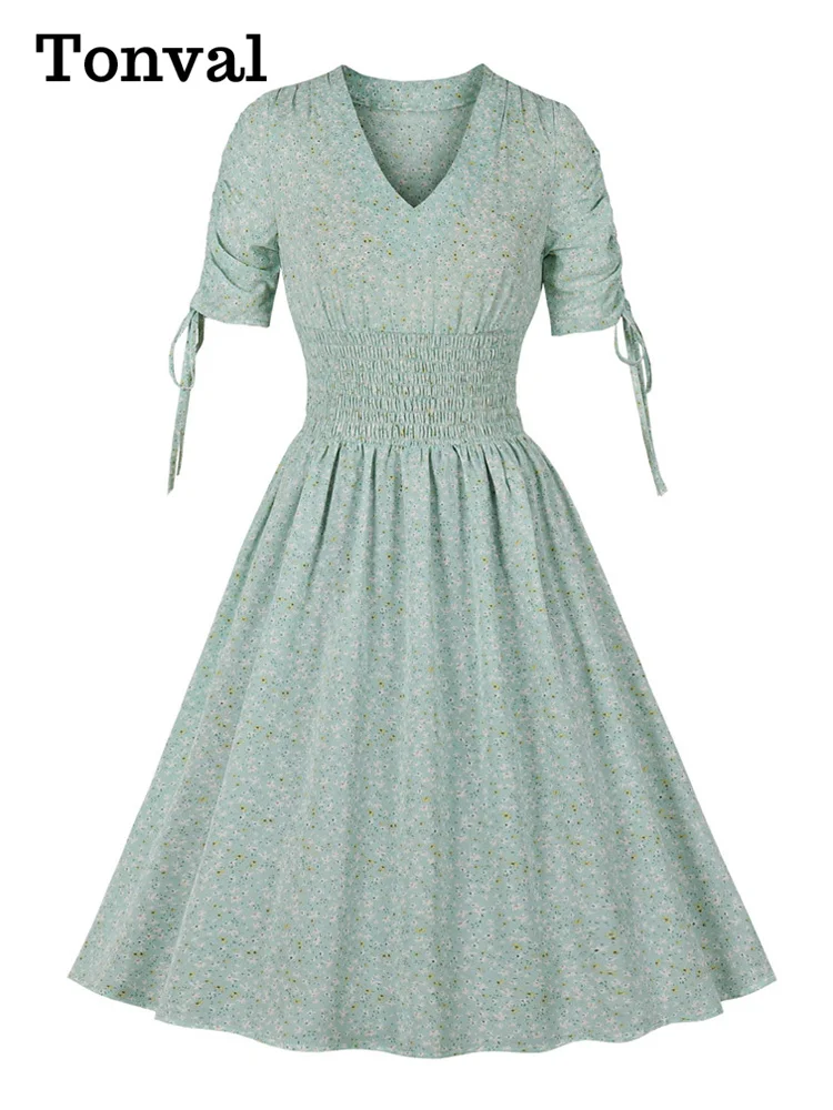 Tonval Green Floral Print V-Neck Summer Elegant Dresses for Women Drawstring Sleeve Shirred Waist Pleated Vintage Dress
Tonval Green Floral Print V-Neck Summer Elegant Dresses for Women Drawstring Sleeve Shirred Waist Pleated Vintage Dress