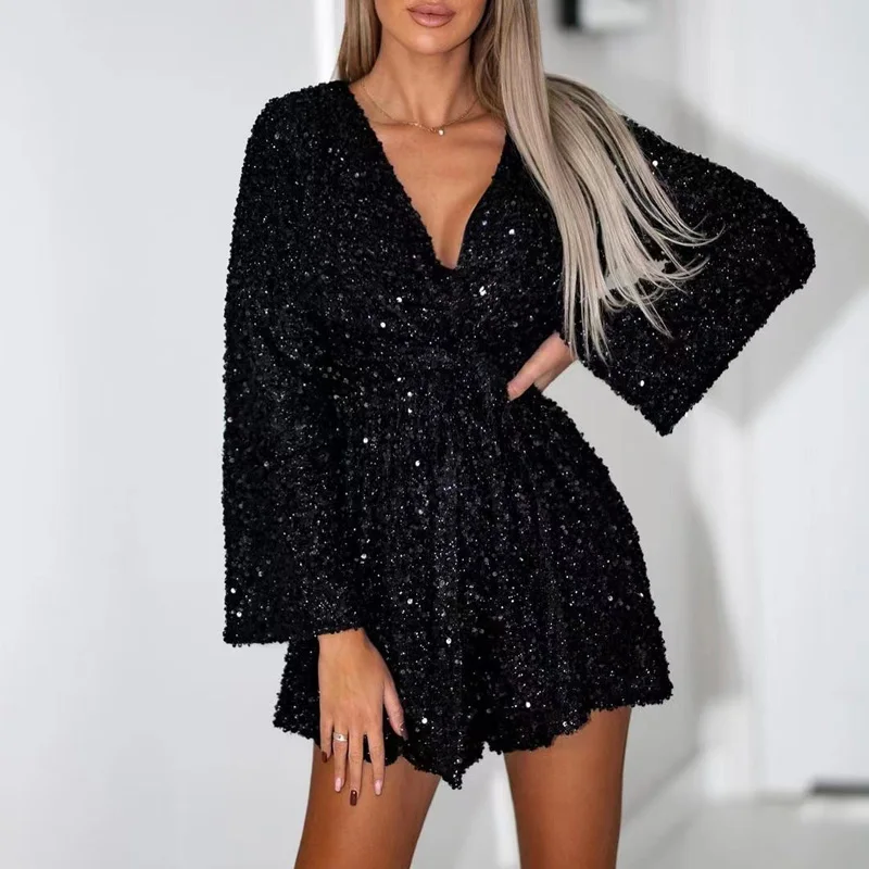 New Fashion Casual Solid Office Loose Playsuit Elegant V Neck Shiny Sequin Short Romper Sexy Long Sleeve Lace-up Party Jumpsuits
New Fashion Casual Solid Office Loose Playsuit Elegant V Neck Shiny Sequin Short Romper Sexy Long Sleeve Lace-up Party Jumpsuits