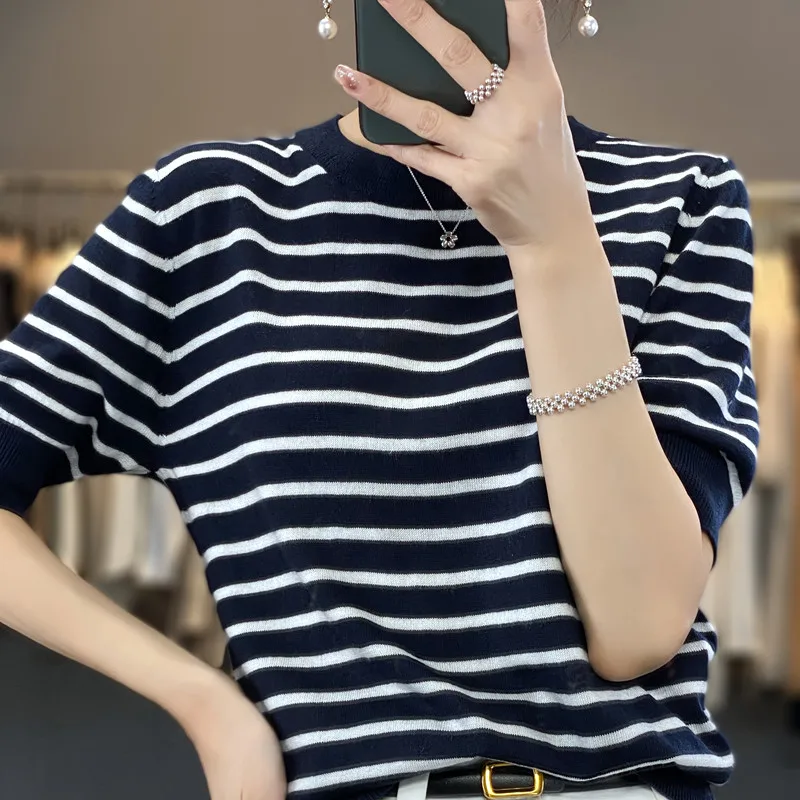 

Женская футболка, Новинка лета 2023, шерстяной свитер, повседневные полосатые вязаные женские топы с коротким рукавом, футболки с круглым вырезом, свободная блузка