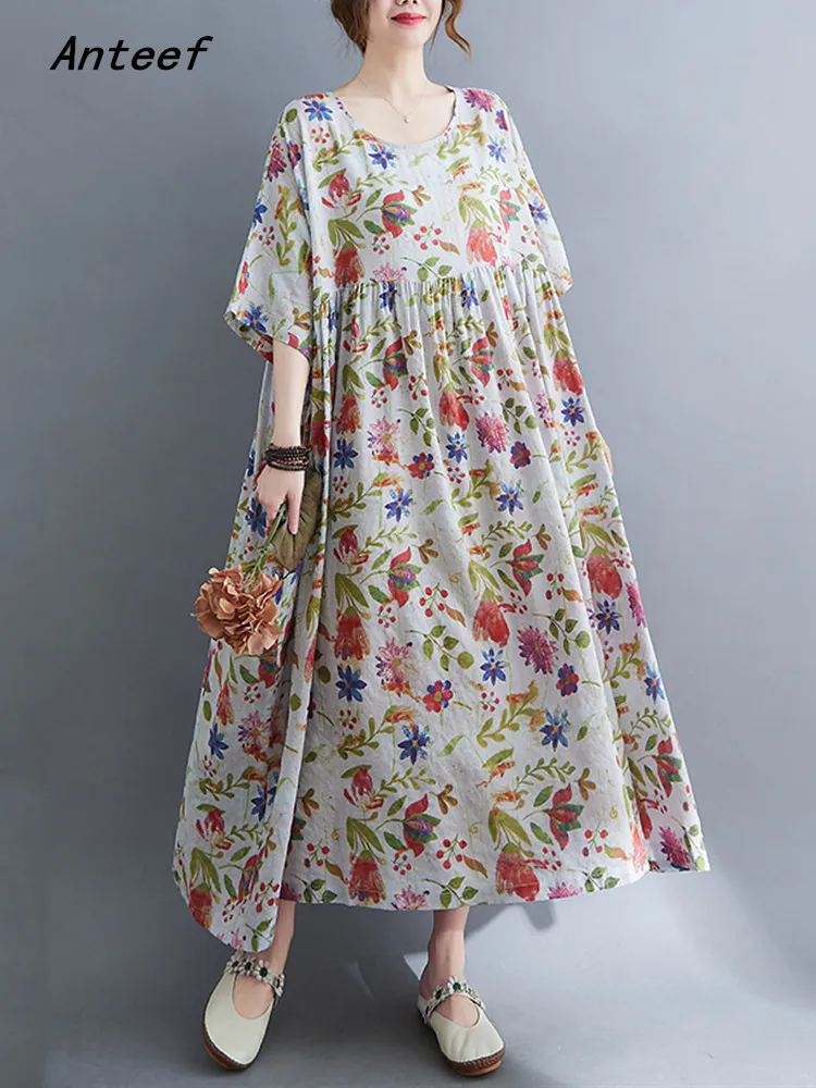 

Женское винтажное платье с цветочным принтом Anteef, повседневное Свободное длинное пляжное платье большого размера с коротким рукавом, элега...