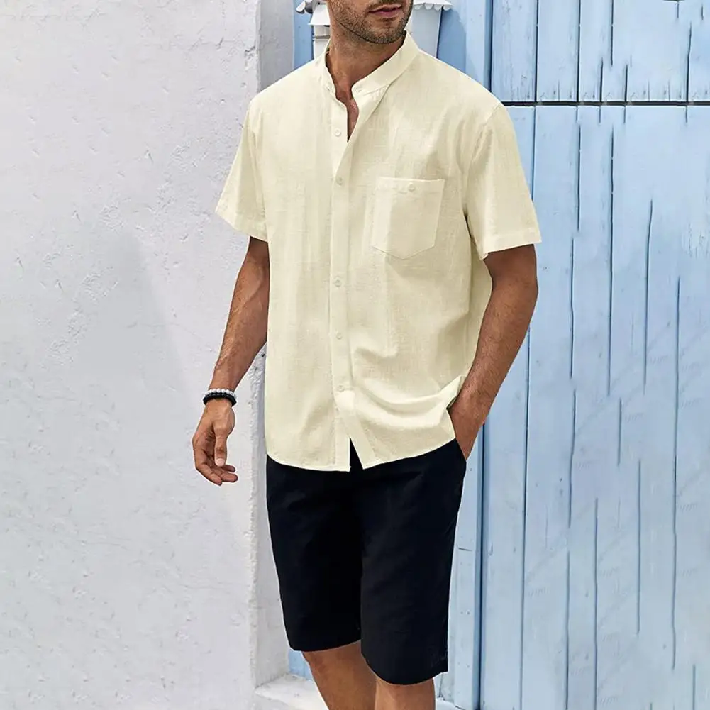 

Мужская рубашка с нагрудным карманом в стиле ретро, мужские летние рубашки, однобортная рубашка с короткими рукавами для повседневной уличной одежды с воротником-стойкой
