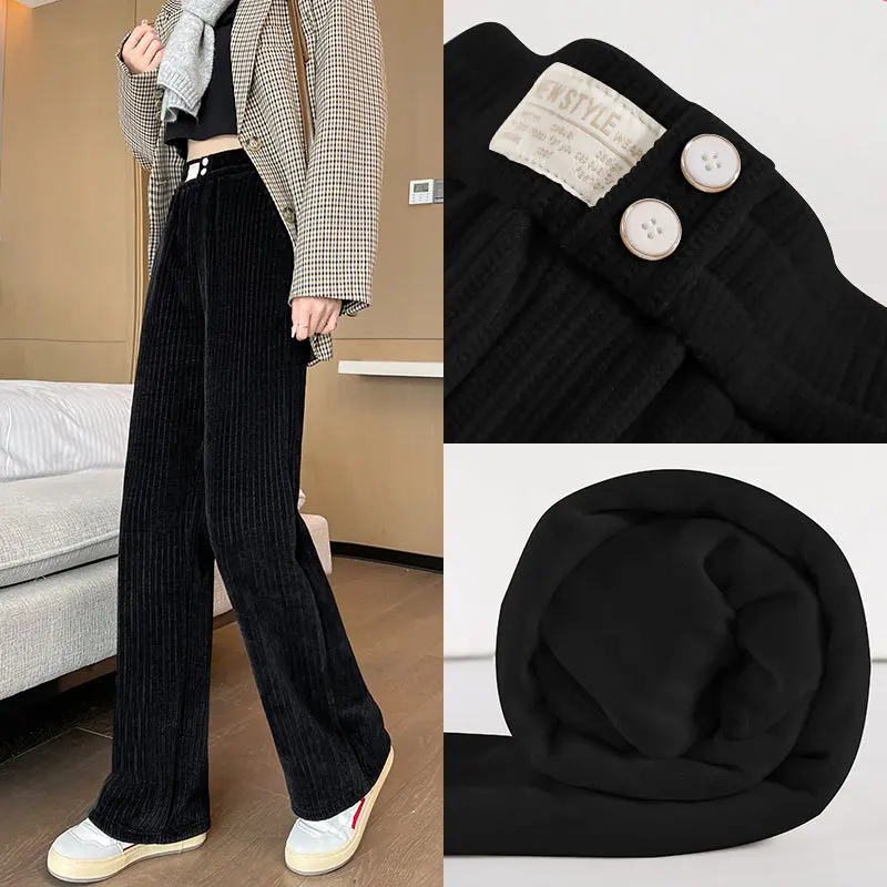 

Black Chenille Wide-Leg Pants Women Autumn Winter Fleece-Lined Thickened Straight Trousers Wiomen Casual Corduroy Pants Female