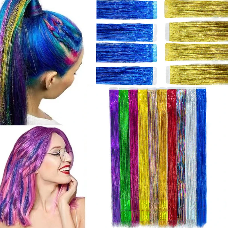 

100cm 120 Strands/bag Shiny Sparkle Hair Tinsel Rainbow Silk Hair Extensions Dazzles Women Hippie for Braiding Long Headdress