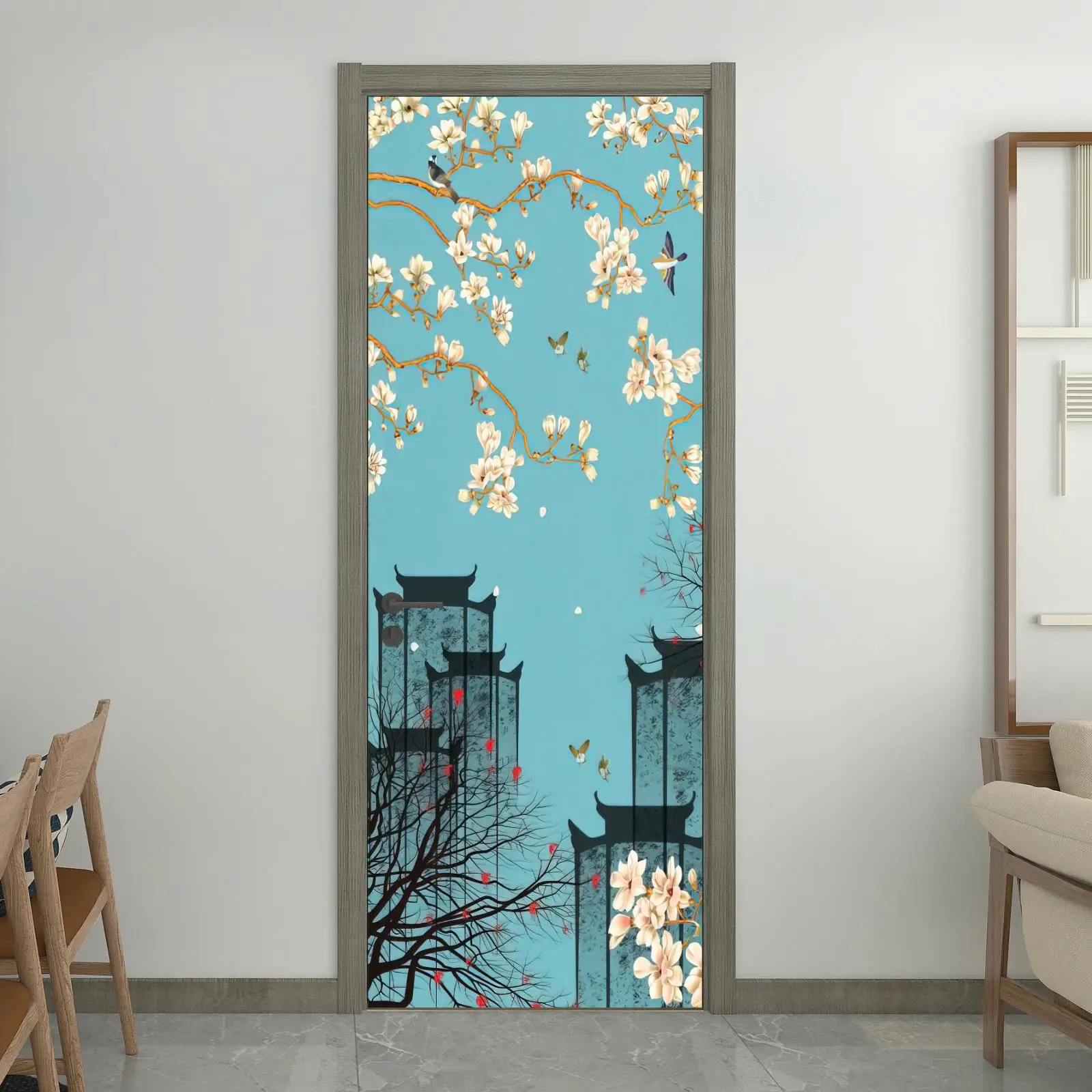 

Blue Plum Blossom Retro Wall Stickers Ink Chinese Style 3D Door Stickers Creative Self-Adhesive Paper Removable Bedroom Decorati