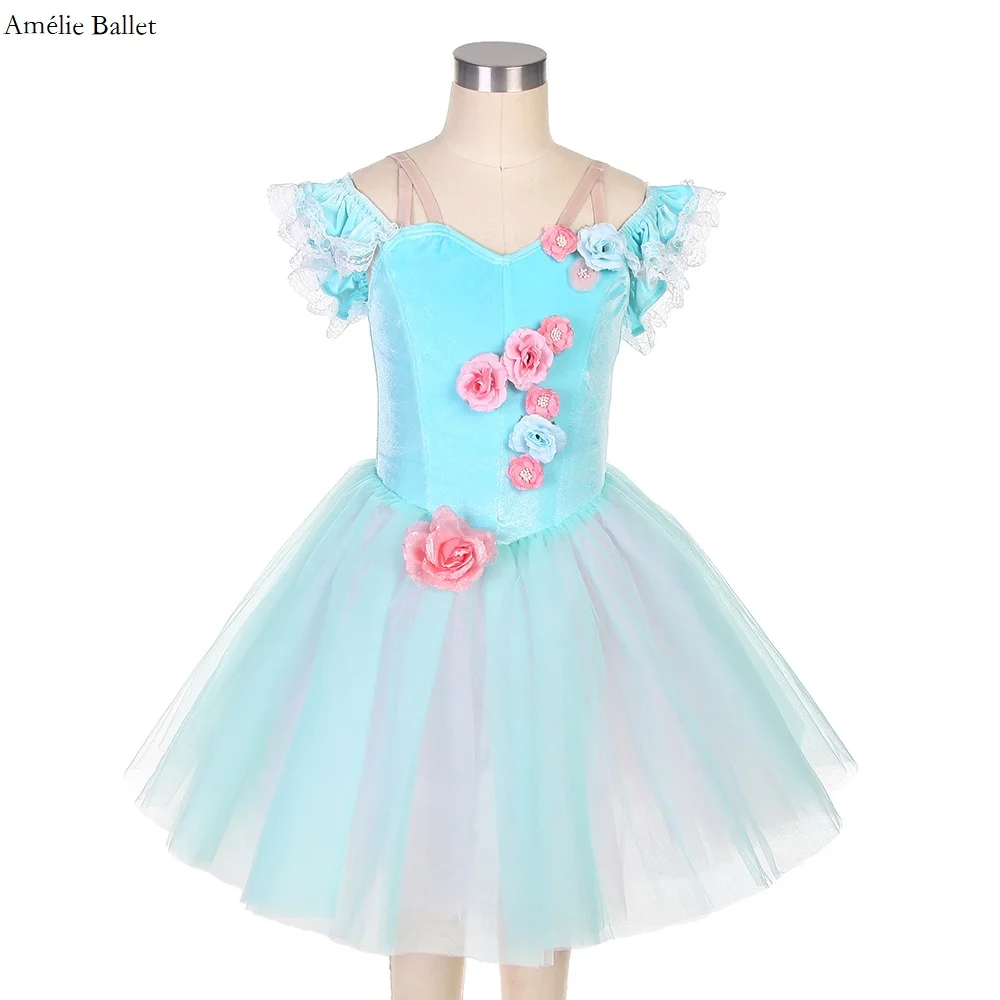 

22118 Girls and Women Ballet Dance Costume Off Shoulder Aqua Blue Velvet Bodice with Layers of Soft Tulle Romantic Tutu Skirt