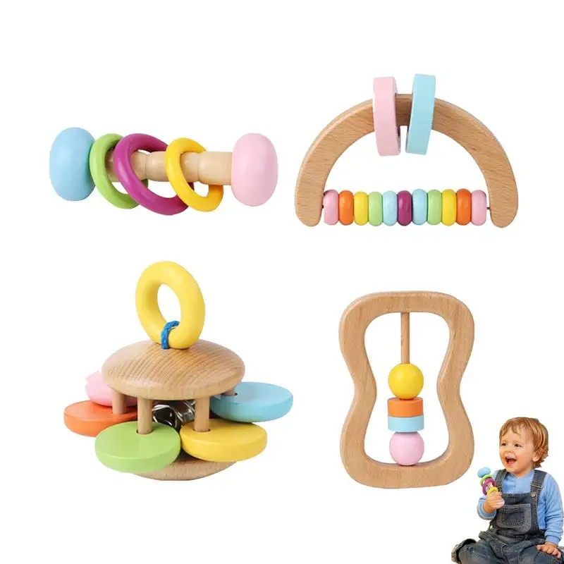 

Baby Rattles Teether Toys Wooden Montessori Early Education Rattle Rattle Musical Toy Set Shaker Grab And Spin Early Educational