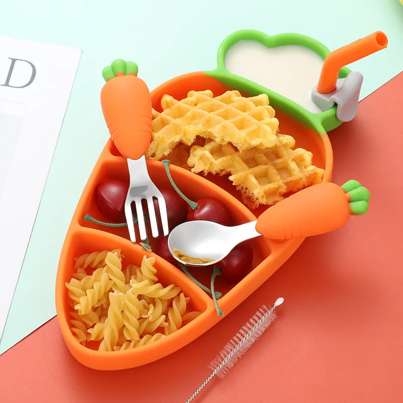 Children's silicone dinner plate carrot 304 stainless steel fork and spoon tableware set baby food supplementary meal plate
Children's silicone dinner plate carrot 304 stainless steel fork and spoon tableware set baby food supplementary meal plate