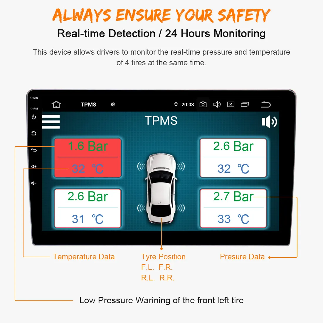 Внешние/внутренние датчики Дисплей в реальном времени TPMS Система сигнализации контроля давления в шинах Беспроводная передача 
Внешние/внутренние датчики Дисплей в реальном времени TPMS Система сигнализации контроля давления в шинах Беспроводная передача