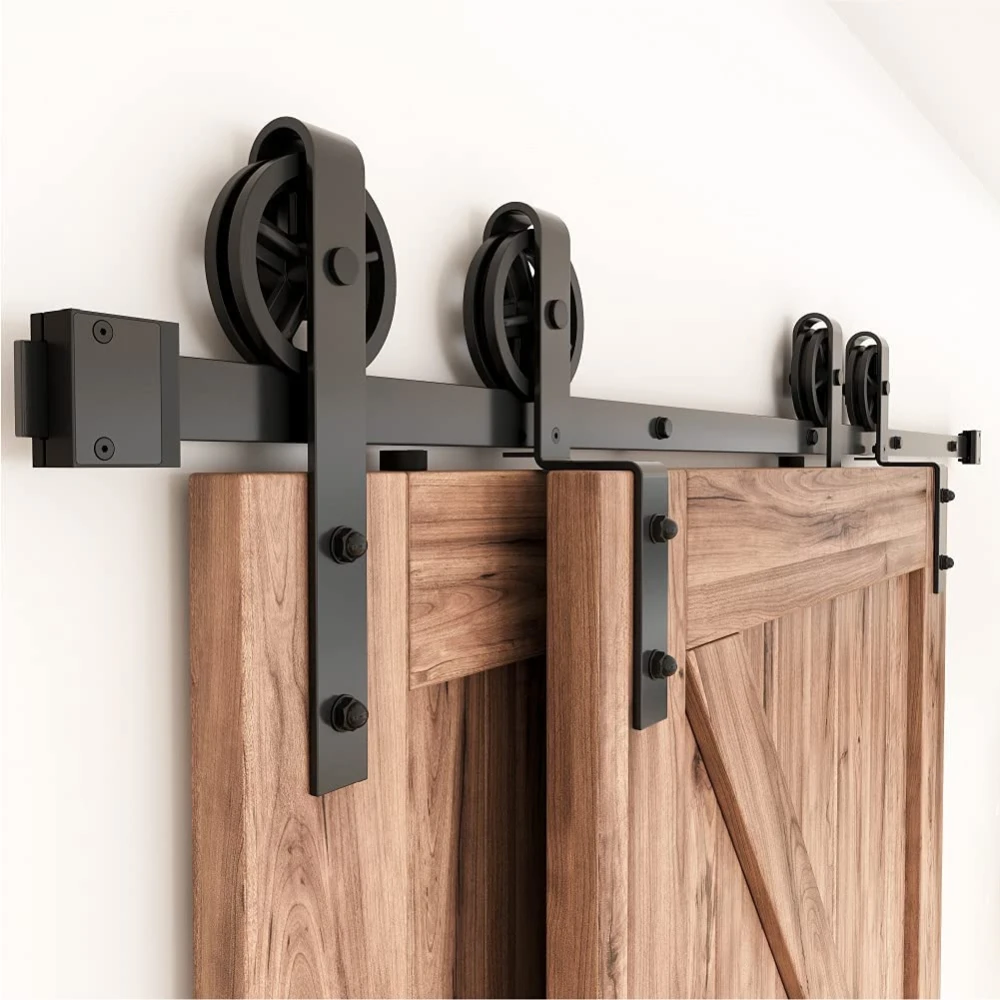 4-16FT Antique Style Bypass Sliding Wood Barn Door Hardware Kit Black Top Mounted Closet Slides Tracks Rollers for Double Door 
4-16FT Antique Style Bypass Sliding Wood Barn Door Hardware Kit Black Top Mounted Closet Slides Tracks Rollers for Double Door