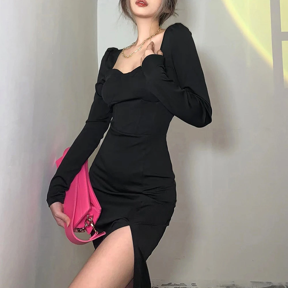 Women Evening Dresses Sexy Thin Split Square Collar Shoulder Long-Sleeved Dress Soild Slim Fit Temperament elegant Dress
Women Evening Dresses Sexy Thin Split Square Collar Shoulder Long-Sleeved Dress Soild Slim Fit Temperament elegant Dress