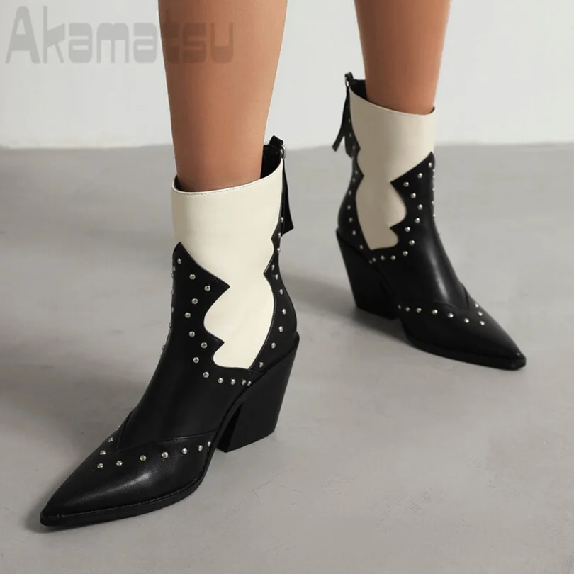

Vintage Colour Matching Rivet Ankle Boots Pointed Toe Chunky High Heels Back Zipper Women Spring Boots 2023 Zapatos Para Mujere