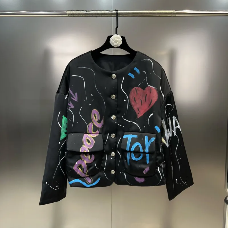 

PREPOMP 2023 зимняя новая коллекция с круглым вырезом ручная роспись букв однобортное пуговицы черное хлопковое пальто Женская куртка GL999