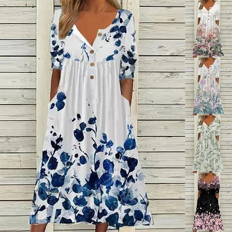 Summer Long Dress Women Floral Printed Short Sleeve Mid-calf Dress Elegant V-neck Button Pocket Beach Dress Sundress Vestidos
Summer Long Dress Women Floral Printed Short Sleeve Mid-calf Dress Elegant V-neck Button Pocket Beach Dress Sundress Vestidos